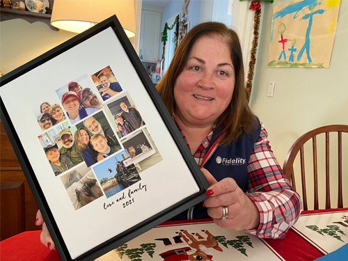 Mary Ioven with family pictures of herself with husband Khalid Abbady and son Sean.