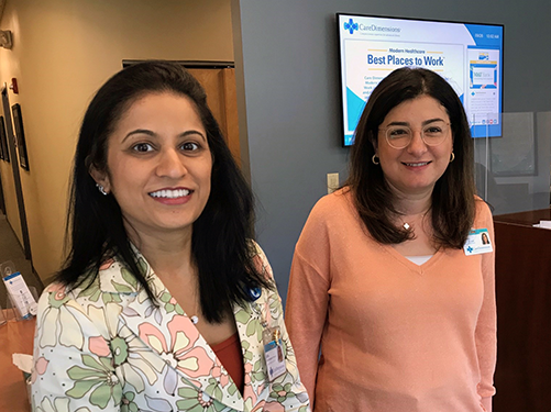 Care Dimensions Director of Pharmacy Services Alifia Waliji-Banglawala and Clinical Pharmacist Nancy Messih educate staff, patients, and families about the best medications and options that will help patients be comfortable and make the most of every day.