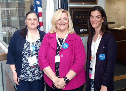 Care Dimensions Clinical Manager Abbie O'Grady (right) is joined by Christine McMichael of the Hospice & Palliative Care Federation of Massachusetts (center) and Kristi Burbank of Seasons Hospice before a meeting with an aide to U.S. Sen. Elizabeth Warren as part of the National Hospice and Palliative Care Organization's Leadership and Advocacy Conference.
