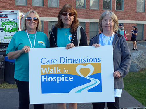 Care Dimensions Hospice Aide Dale Lemure (right) is joined by teammates Linda Carritte and Linda Towey at the 2019 Walk for Hospice. Dale cared for Linda Carritte’s husband, Tom, while he received hospice at home in 2023.