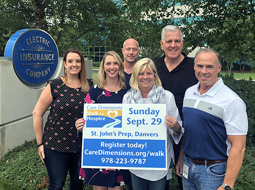 Electric Insurance Company employees showing their support for Care Dimensions’ Walk for Hospice (l-r): Vanessa Uliano, Whitney McBride, Paul Reardon, Martha Driscoll, Greg Favreau and Bob Lessard