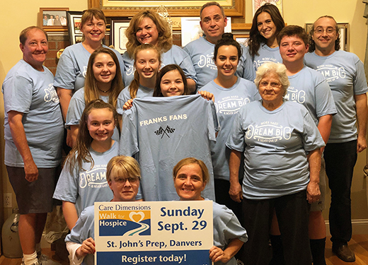 Members of “Frank’s Fans” pose in their Walk for Hospice team T-shirts, which were designed by Christina Cobuzzi, daughter of Frank Cobuzzi, after whom the team is named.