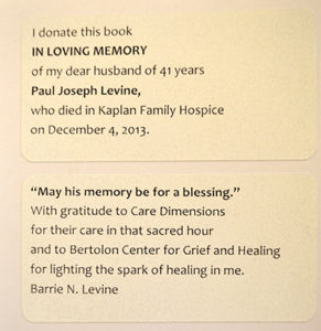Barrie Levine book donation to Care Dimensions Kaplan Family Hospice House in memory of husband Paul Joseph Levine