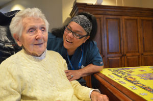 Care Dimensions hospice aide Elena Connelly with patient Jeanne Dunn at Brookdale Assisted Living in Danvers, MA