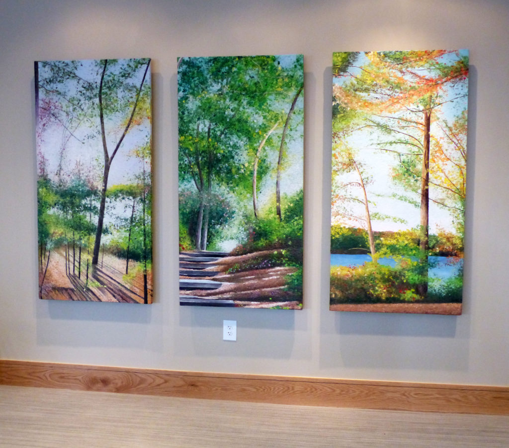 “How Paintings Tell a Story”, installed at the Care Dimensions Hospice House in Lincoln, MA, celebrates the beauty of nearby Walden Woods.
