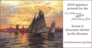2018 signature artwork for Care Dimensions 40th Anniversary Gala is Sunset in Gloucester Harbor by Ken Knowles